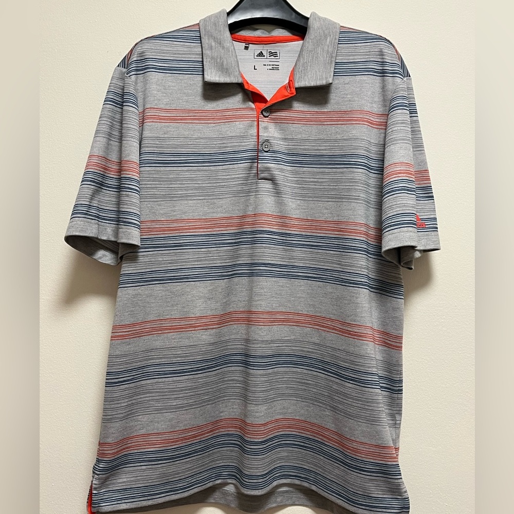 Adidas Golf Polo, Gray with Blue & Orange Stripes, Size Large